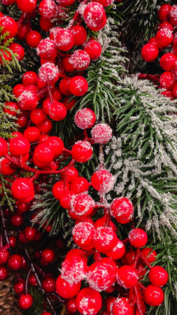 Festive close-up of a Christmas decoration with green fir, red berries, glitter and pine conesの写真素材