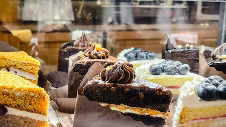 Assorted delicious cake slices including chocolate and blueberry cheesecake displayed in a bakery windowの写真素材