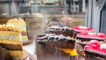 Delicious assorted cake slices with cream layers and chocolate topping displayed in a bakery showcaseの写真素材