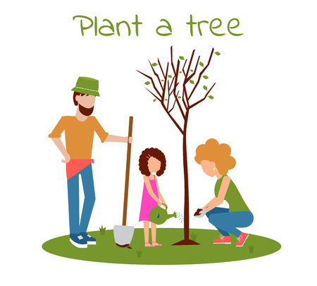Family planting tree outdoors. Man, woman, girl planting trees. Child planting trees. Flat vector illustration. Arbor Day.のイラスト素材