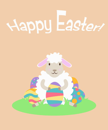 Flat illustration Cartoon funny Sheep holding Easter egg. Happy Easter.のイラスト素材