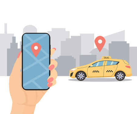 Woman hand with smartphone, taxi application, city silhouette and yellow car taxi. Flat vector illustration.のイラスト素材