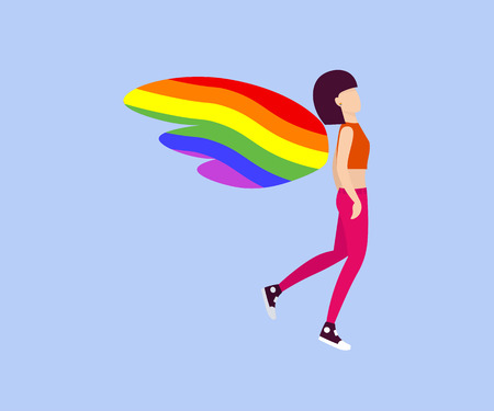 a girl with wings flies in the sky. LGBT pride celebration, flat vector illustration.のイラスト素材