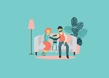 Flat design vector illustration on heterosexual family. Two adult and child sitting together on sofa. Husband and wife with his son. Traditional family with child.のイラスト素材