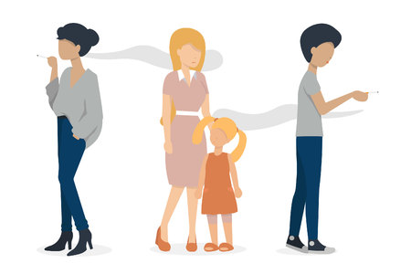 woman and man smoking a cigarette. mother and baby are standing nearly. flat vector illustration.のイラスト素材