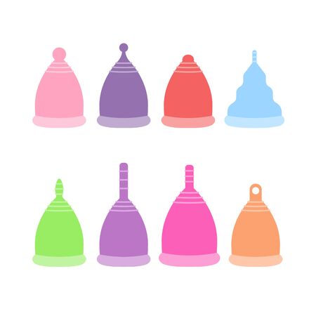 Menstrual cups types set. Simple flat vector colorful objects isolated on white background.のイラスト素材