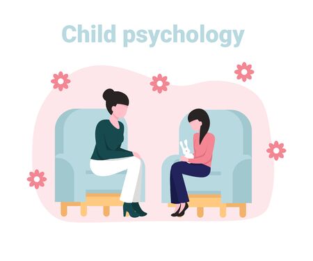 Psychotherapy session. Consulting psychology concept. Woman psychologist and child patient, society psychiatry flat vector illustration.のイラスト素材