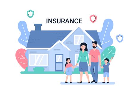Happy young family buy big house. Flat vector concept illustration.のイラスト素材