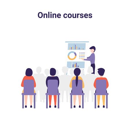Training conference and couch lecture. Teacher and leader educates business audience. Business consultation, project assistance. Flat vector concept illustration isolated on white background.のイラスト素材