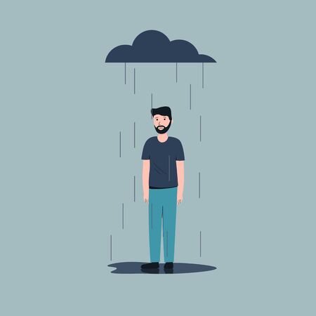 Sad male character standing under the rain. Overcast weather. Emotions. Solitude concept. Flat vector modern illustration design.のイラスト素材