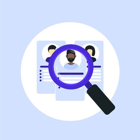 Composition human resources concept. We are hiring, employee search, vacancy. magnifying glass choosing man. Flat vector illustration concept template for web landing page, banner, presentation.のイラスト素材