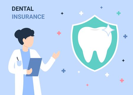 Dental insurance and healthcare flat vector concept. Doctor dentist woman with cliapboard and protected teeth. Illustration for web page, banner, poster, template, layout.のイラスト素材