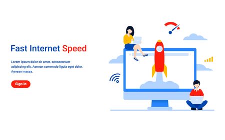 Small people with laptops use high speed fast Internet. Network wireless technology. Flat vector concept illustration for web page, banner, poster, template, layout, presentation.のイラスト素材