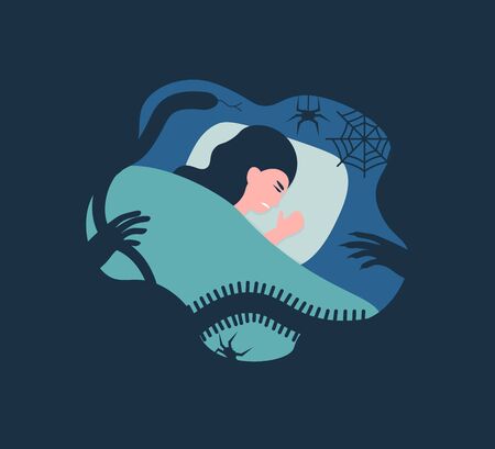 Tired woman lying in bed at night. Female character suffer from sleeping disorder, nightmare, insomnia, sleeplessness. Flat vector cartoon illustration.のイラスト素材