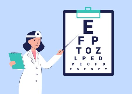 Woman oculist in a white coat shows eye test chart. Vision examon on clipboard. Female specialists ophthalmologist. Flat vector cartoon illustration.のイラスト素材