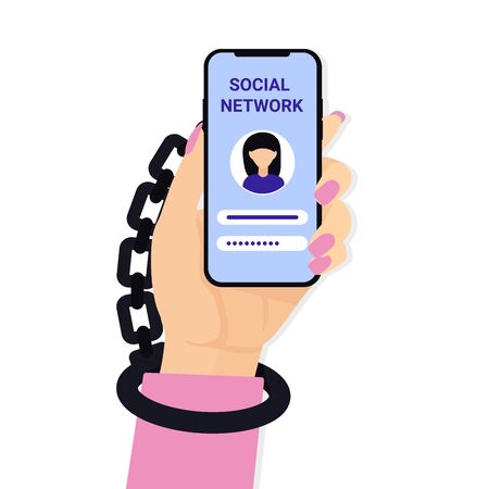 Internet, social media network addiction concept. Woman hand hold mobile phone and Handcuffs.のイラスト素材