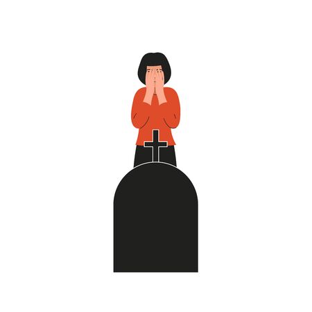 Woman crying over the grave. Girl covers her face and cries. Sad female character, bad emotions, solitude. Flat vector cartoon illustration design.のイラスト素材