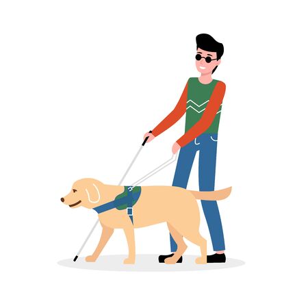 Blind man holding stick, walking with guide dog. Disabled male with blindness isolated white background. Flat vector illustration.のイラスト素材