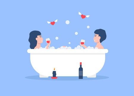 Young happy couple people lying in bathtub full of soap foam, taking bath, relaxing together and drink wine. Concept romantic date. Flat vector cartoon illustration.のイラスト素材