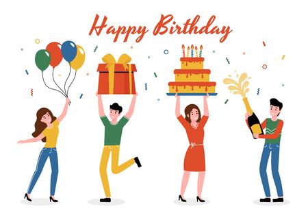 Set cartoon people characters laughing and smiling, holding gifts, cake, champagne and air balloons. Happy birthday flat vector concept.のイラスト素材
