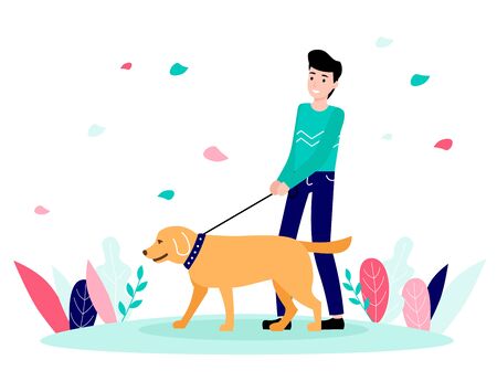 Happy young man walking with a dog. Flat vector modern illustration.のイラスト素材