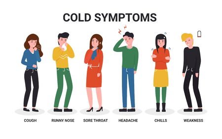 Set sick people have a cold or flu symptoms. Flat vector cartoon characters isolated white background.のイラスト素材