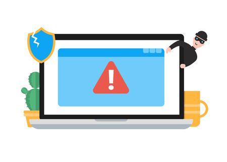 An internet hacker is trying to crack a laptop, system error. Hacked personal computer. Flat vector cartoon illustration concept.のイラスト素材