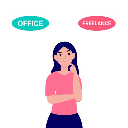 Choice Freelance vs Office work concept. Woman thinks what to choose office work or freelance working. Flat character design vector illustration.のイラスト素材