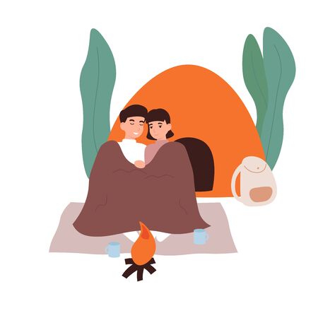 Young couple cuddles under a warm plaid. Man ang girl warm themselves by the fire near the tent. Flat modern cartoon illustration.のイラスト素材