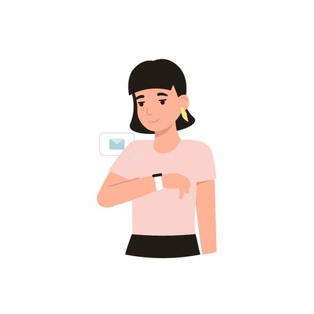 Girl looks at the wristwatch gadget and receives a message. Flat vector modern cartoon illustration.のイラスト素材