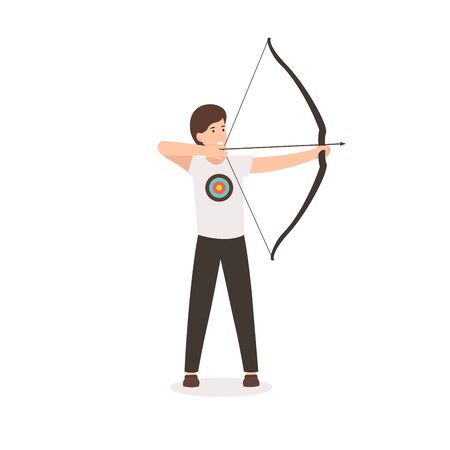 Man with bow and arrow. Archer guy pulls a bowstring and takes aim. Flat vector cartoon illustration isolated white background.のイラスト素材