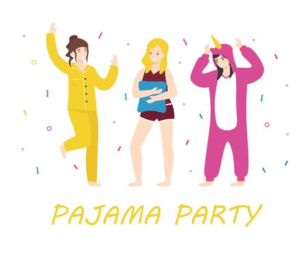 Beautiful happy girls on pajama party. Women wearing pajamas and kigurumi. Flat vector cartoon illustration.のイラスト素材