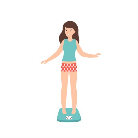 Unhappy slim girl standing on the scales. oncept of weight loss and diet, anorexia. Flat vector cartoon illustration isolated white background.のイラスト素材