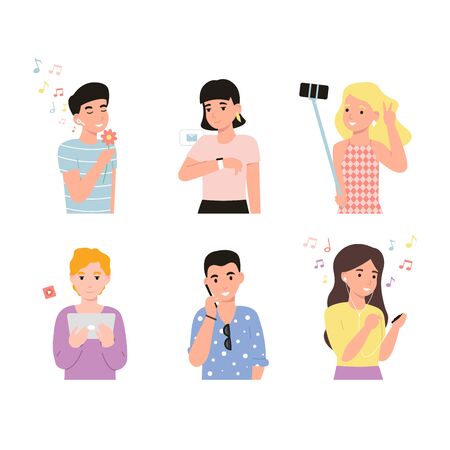 Set young people characters use modern gadgets. Flat vector cartoon illustration.のイラスト素材