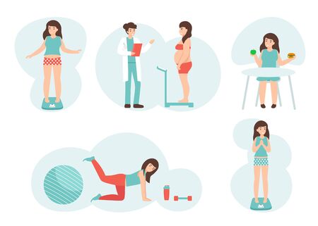 Girl standing on the scales. Set concepts of weight loss and diet. Proper nutrition and fitness. Flat vector cartoon illustration isolated white background.のイラスト素材