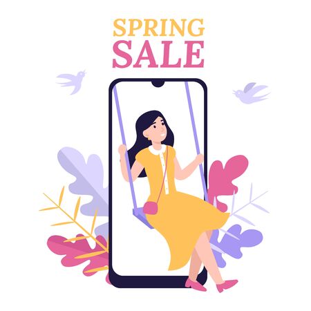 Beautiful girl in a dress on a swing rejoices in spring and sale. Online shop, mobile shopping app. Flat vector modern cartoon illustration. Concept for web design, banner, app, landing page.のイラスト素材