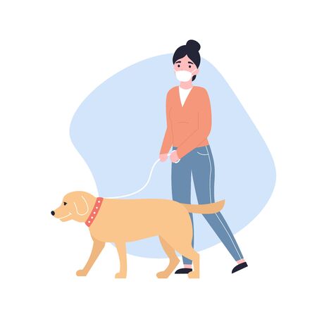 Woman in a protective medical mask walk with a dog on the street. nCoV. Covid 2019, Coronovirus concept. Novel coronavirus pandemic. Flat vector modern cartoon illustration.のイラスト素材