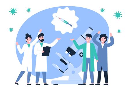 Happy scientists discovered a vaccine against coronavirus. Ncov, covid 2019, Coronovirus collection. Novel pandemic. Flat vector cartoon modern design illustration.のイラスト素材