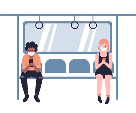 People in masks ride the subway, metro, bus, train. Male and female characters in public transport. Flat vector cartoon design illustration. Ncov, covid 2019, Coronovirus concept.のイラスト素材