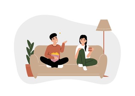 Couple man and woman sit on the couch, watching movie TV and eating popcorn together. Stay home coronavirus quarantine. Flat vector modern cartoon illustration design concept.のイラスト素材