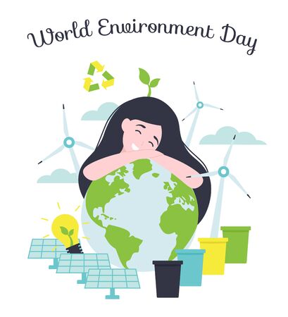 Happy Earth Day! World Environment day concept. Girl hugs the Planet. Flat vector eco modern illustration for social poster, banner, card, template. Save the Planet!のイラスト素材