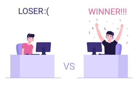 Men plays computer. Cybersport competition. Esports, eSports, Concept pro gamer. Flat vector modern cartoon illustration.のイラスト素材