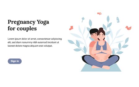 Concept couple doing yoga for pregnant. Pregnancy yoga for couples. Flat vector modern illustration template for web landing page, banner, social media, poster, flyer.のイラスト素材