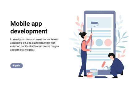 Mobile app development, creation process, creative team. People stand near big phone. Concept for presentation, social media, banner, web page, poster, template. Flat vector modern illustration.のイラスト素材