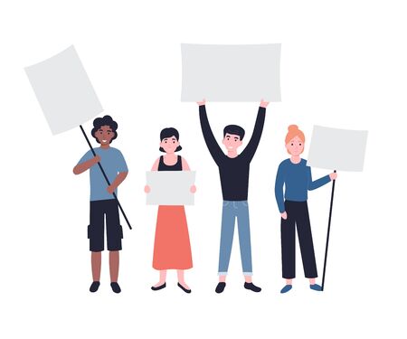 Group of young men and women standing together and holding empty banners. People characters demonstrating blank banners. Male and female protesters or activists. Flat vector modern illustration.のイラスト素材