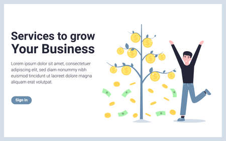 Service to grow your business. Money tree and happy man. Flat concept vector modern illustration design for banner, website, landing page, template, poster, application.のイラスト素材