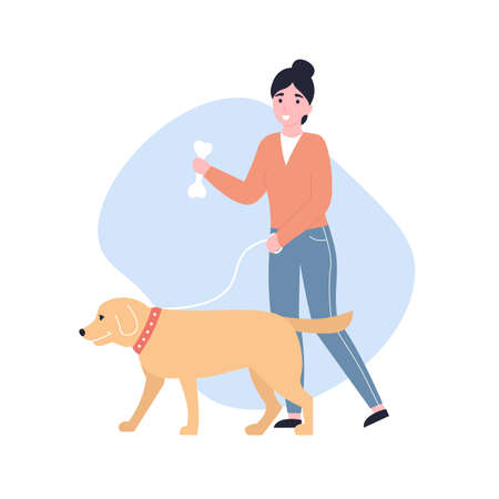 Happy young girl walking with a dog. Flat vector modern cartoon illustration.のイラスト素材