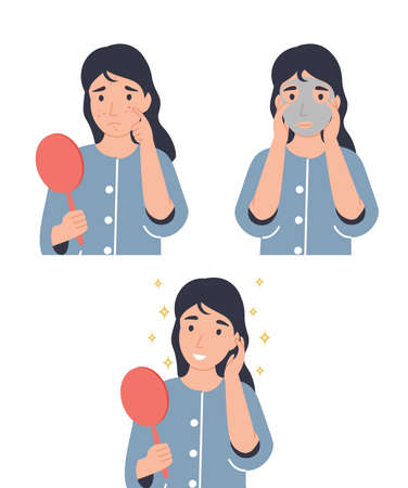 Face care concept. Girl looks in the mirror, applying face mask and removing mask. Flat vector cartoon modern illustration.のイラスト素材