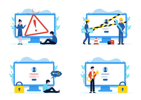 Set website pages, error 404 disconnect, construction and under maintenance, forgot password, enter password and enter. Flat vector modern illustration for banner, poster, app, template, layout, page.のイラスト素材