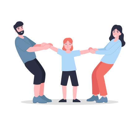 Mother and father share child. Parents divided kid. Family conflict. Quarrel between husband and wife. Flat vector cartoon modern illustration.のイラスト素材